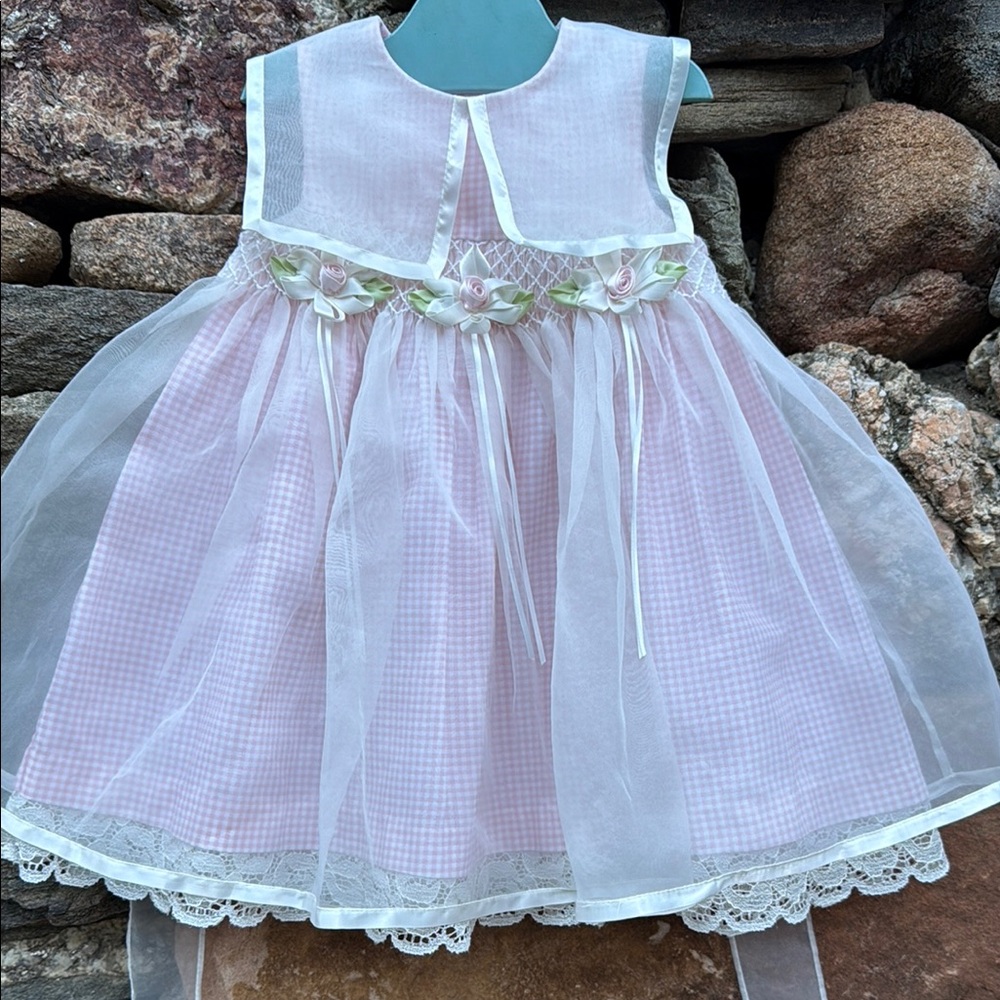 Pink & White Gingham Dress with Sheer Overlay Smocking Ribbon Rose Detail 12/18m
